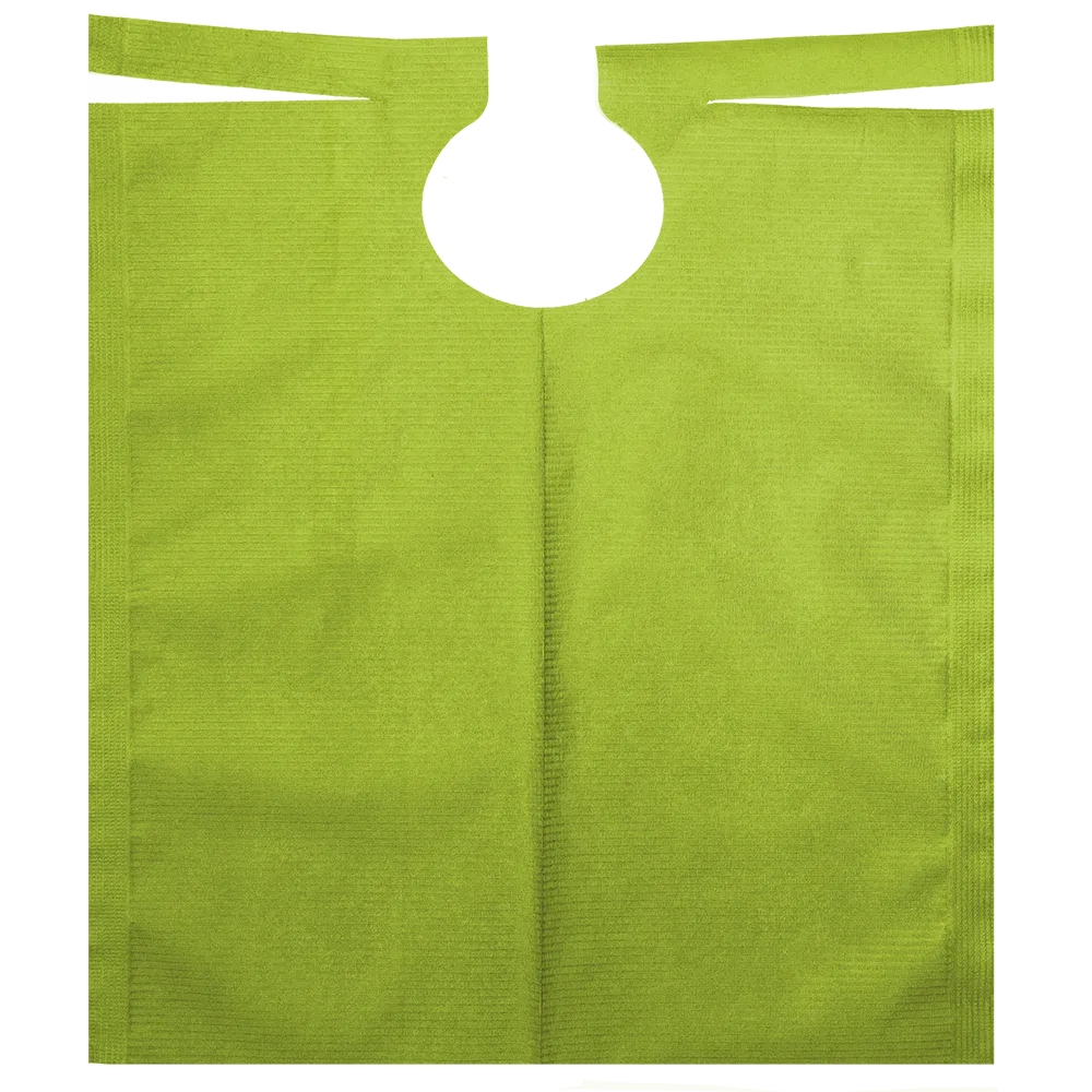 AMPri-patienthaklappen med PE-beläggning i måtten 500 x 600 mm och tillgänglig i olika färger, är ett nonwoven förkläde från AMPri Handelsgesellschaft mbH. Med sin rundade halsringning och två horisontella band i övre änden är den idealisk för tandläkarbehandlingar. Varje rulle innehåller 80 stycken.