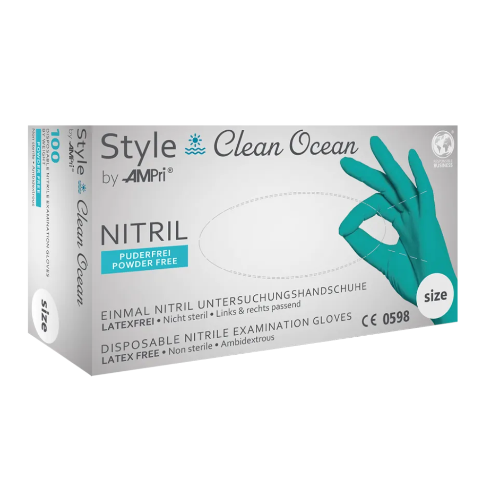 En låda AMPri STYLE CLEAN OCEAN nitrilhandskar puderfri från MED-COMFORT, turkisk, engångsundersökningshandskar av nitril. På lådan står det att handskarna är latexfri, puderfri, osteril och kan bäras på båda händerna. På förpackningen anges huvudsakligen handskfärgen i turkisk och information på tyska och engelska.