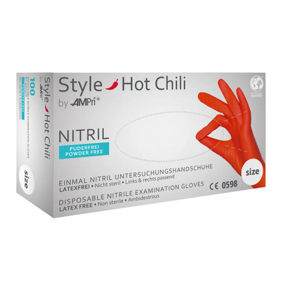 Bilden visar en vit låda med "AMPri STYLE HOT CHILI Nitrilhandskar puderfri från MED-COMFORT" nitril-undersökningshandskar från AMPri Handelsgesellschaft mbH. Dessa engångshandskar är latexfri, puderfri (nitrilhandskar puderfri) och osteril och avsedda för engångsbruk. På lådan är en röd behandskad hand avbildad som gör en "OK"-gest.
