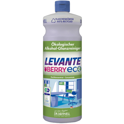 En 1-liters Dr. Schnell Levante Berry ECO från DR.SCHNELL GmbH & Co. KGaA är utrustad med en grön förslutning, en etikett av återvunnen plast, bärdoft och bilder av kontor och kök på framsidan.