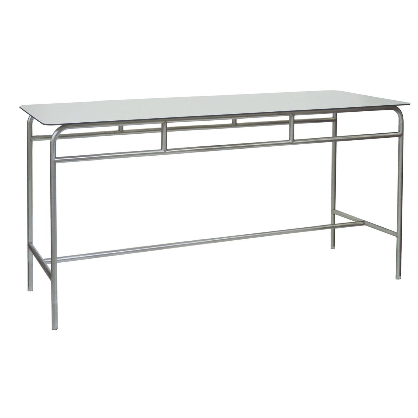 Det Novocal arbets- och avlastningsbordet kännetecknas av en elegant rostfri stålram och en vit helkärnsarbetsyta. Det erbjuder en minimalistisk stil och är praktiskt - idealiskt som konsolbord framför en vit bakgrund.