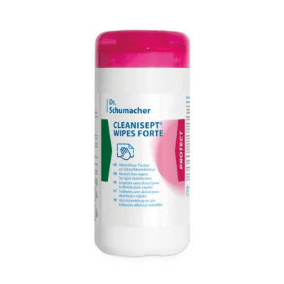 En vit Dr. Schumacher Cleanisept® Wipes Forte-dispenser med rosa lock, som innehåller 100 ytdesinfektionsservetter, visar etiketttexten på engelska och tyska. Märke: Dr. Schumacher GmbH.