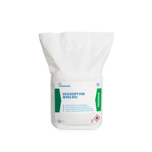 Ein weißer Kunststoffbeutel mit der Aufschrift "Dr. Schumacher DESCOSEPT PUR WIPES RTU | Spender (120 Tücher)" der Dr. Schumacher GmbH ist mit blauer und grüner Schrift, einem chemischen Gefahrensymbol und einem Abreißverschluss versehen - ideal für die Desinfektion von medizinischen Geräten.