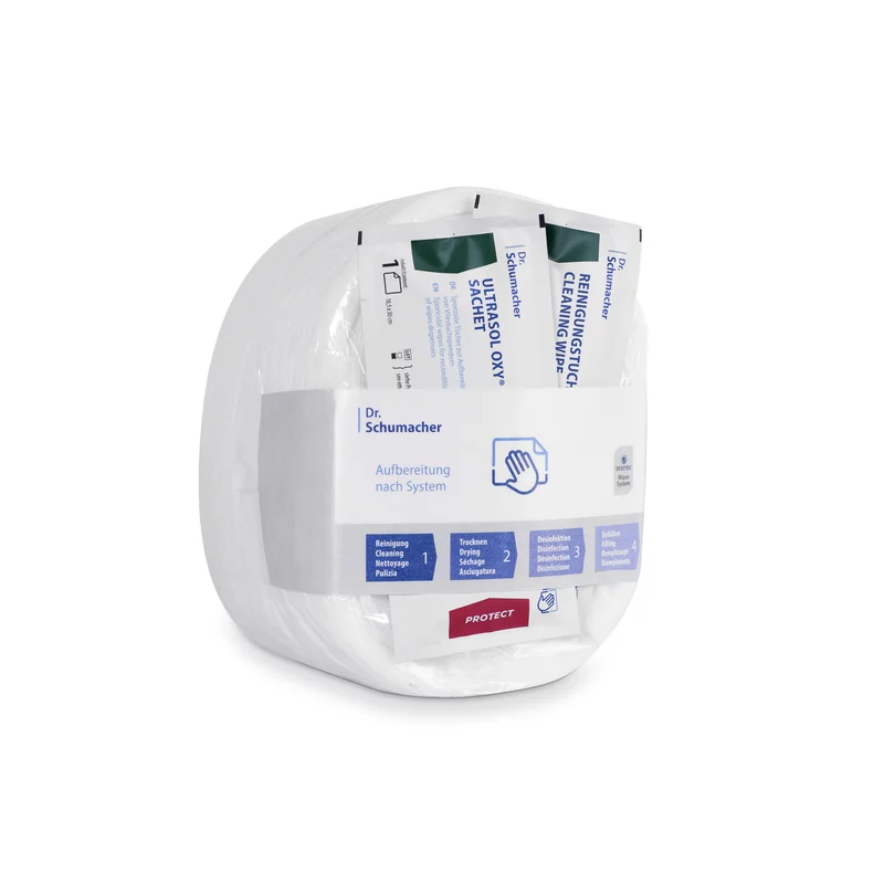 En förpackning Dr. Schumacher GmbH Eco Wipes dukar för ytdesinfektion, med individuellt förpackade dukar i en transparent, rundad plastbehållare, märkt med produktinformation och användningsinstruktioner.