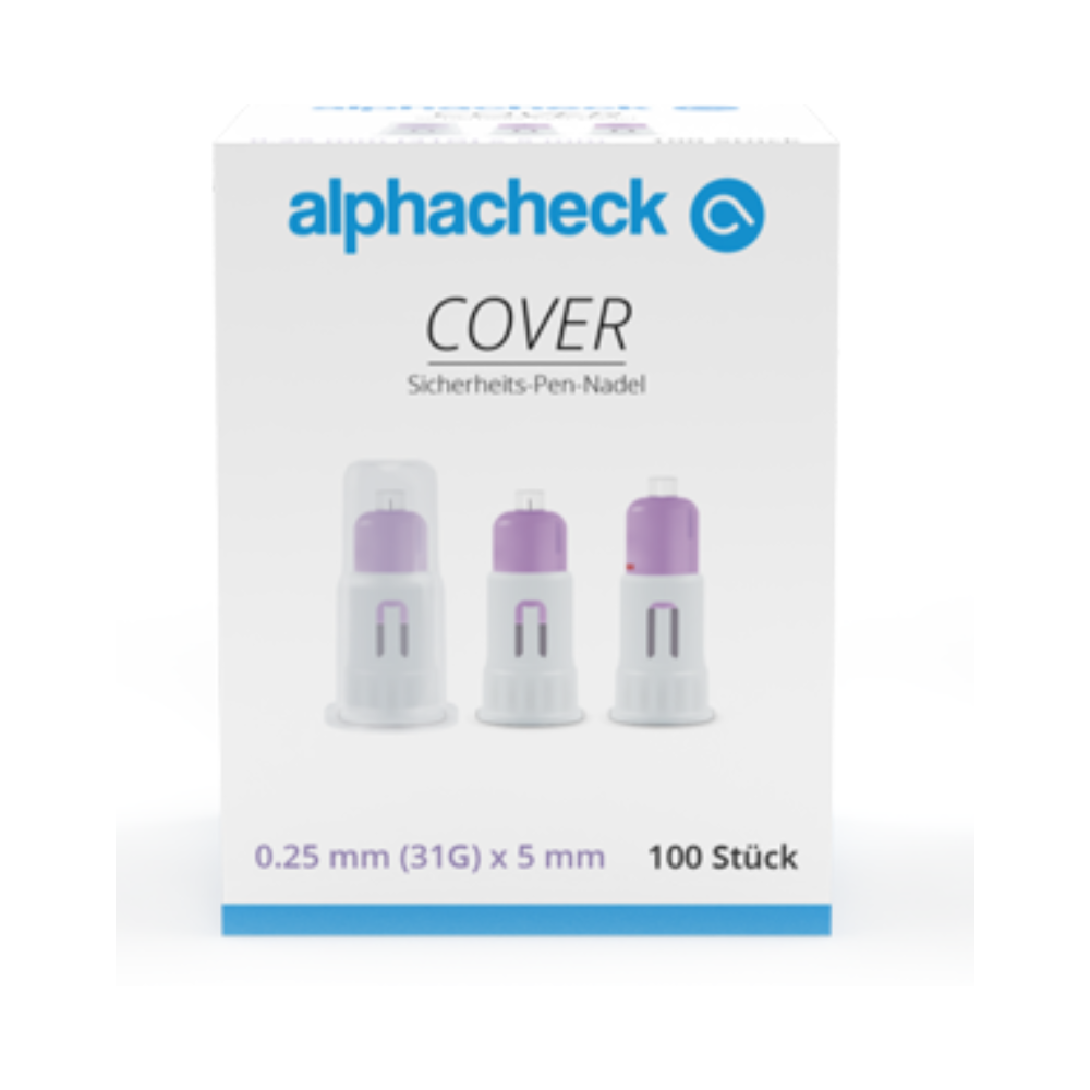 Bilden visar en vit låda med texten "Alphacheck COVER säkerhets-pen-nålar" från Berger Med GmbH. Den visar bilder av tre nålskyddskåpor i rad och anger storleken som 0,25 mm (31G) x 5 mm med en mängd av 100 stycken, där den ultrafina nålspetsen framhävs för förbättrad säkerhet.