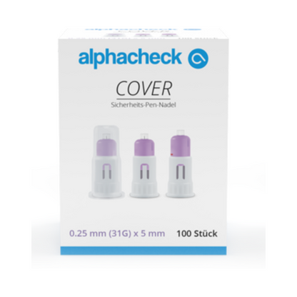 Bilden visar en vit låda med texten "Alphacheck COVER säkerhets-pen-nålar" från Berger Med GmbH. Den visar bilder av tre nålskyddskåpor i rad och anger storleken som 0,25 mm (31G) x 5 mm med en mängd av 100 stycken, där den ultrafina nålspetsen framhävs för förbättrad säkerhet.