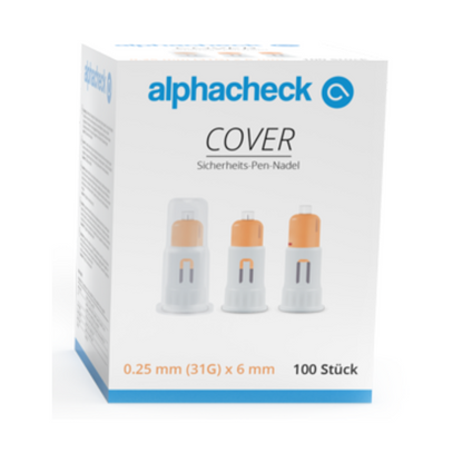 En vit låda med texten "Alphacheck COVER säkerhets-pen-nålar, olika storlekar" från Berger Med GmbH, som innehåller 100 stycken säkerhets-pen-nålar med måtten 0,25 mm (31G) x 6 mm. Lådan visar avbildningar av tre ultrafina nålspetsar i olika tillstånd – helt täckt, delvis exponerad och helt exponerad – med synlig text på tyska på förpackningen.