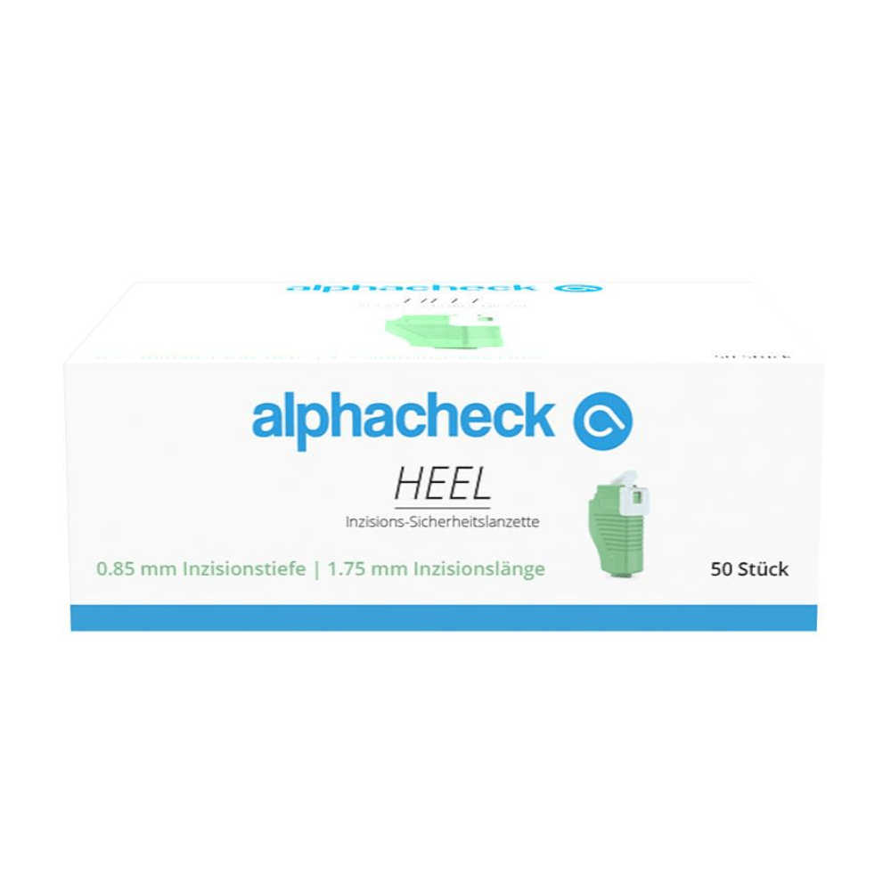 En vit låda med varumärket 'Berger Med GmbH' i grön och blå skrift. Produkten Alphacheck HEEL snittsäkerhetslansetter, olika storlekar, betecknas som 'snittsäkerhetslansett' med specifikationerna 0,85 mm snittdjup och 1,75 mm snittlängd för kapillär blodprovtagning. Lådan innehåller 50 stycken.