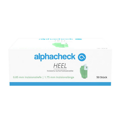 En vit låda med varumärket 'Berger Med GmbH' i grön och blå skrift. Produkten Alphacheck HEEL snittsäkerhetslansetter, olika storlekar, betecknas som 'snittsäkerhetslansett' med specifikationerna 0,85 mm snittdjup och 1,75 mm snittlängd för kapillär blodprovtagning. Lådan innehåller 50 stycken.
