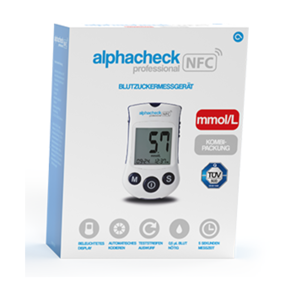 En låda Alphacheck Professional NFC blodsockermätare kombipaket | Förpackning (1 styck) för effektiv diabetesförvaltning. Varumärket och funktionerna hos enheten är angivna på lådan, inklusive mmol/L-enhet, belyst display, automatisk kodning, testremsutkast, 500 minnesplatser och flerspråkigt stöd. Varumärket är Berger Med GmbH.