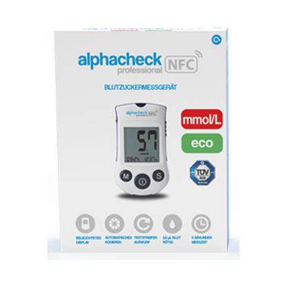 Låda med Alphacheck Professional NFC Blodsockermätare eco | Förpackning (1 styck) från Berger Med GmbH. Lådan visar en bild av enheten med ett mätvärde på 5,7 mmol/L. De framhävda funktionerna inkluderar en bakgrundsbelyst display, kodningsfri drift, NFC-kapacitet och en 5-sekunders mättid för effektiv diabeteshantering.