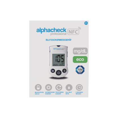 Bild der Vorderseite der Verpackung för „Alphacheck Professional NFC Blodsockermätare eco | Förpackning (1 styck)“ från Berger Med GmbH. Förpackningen har en digital display med ett mätvärde på 105 mg/dL. Etiketter framhäver funktioner som Bluetooth-display, automatisk kodning och testminne för optimal diabeteshantering.
