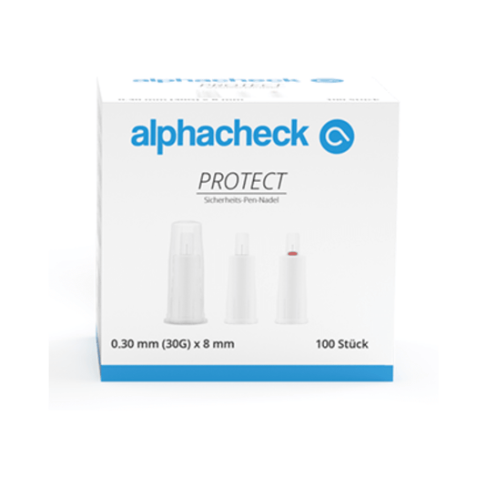 En vit låda med blå text med texten ”Alphacheck PROTECT säkerhets-pennålar, olika storlekar” och ”Säkerhets-pennål”. Lådan, som är avsedd för insulin-injektioner, innehåller 100 stycken 0,30 mm (30G) x 8 mm säkerhets-pennålar. På framsidan av lådan visas tre säkerhets-pennålar i olika monteringsstadier. Varumärke: Berger Med GmbH
