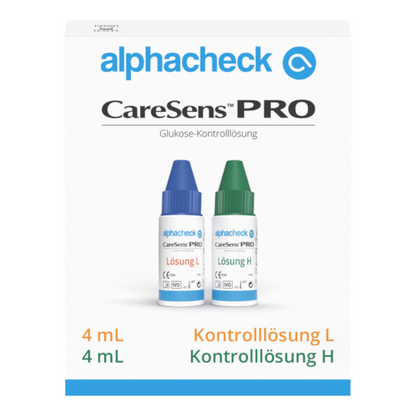 Bilden visar en vit låda med texten "Berger Med GmbH Alphacheck CareSens PRO Kontrollösning L+H | Förpackning (2 flaskor)", idealisk för övningsmätningar med blodsockermätare. Den innehåller två små flaskor, en med blått lock med texten "Lösning L" och en med grönt lock med texten "Lösning H", som rymmer 4 ml vardera.