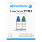 Bilden visar en vit låda med texten "Berger Med GmbH Alphacheck CareSens PRO Kontrollösning L+H | Förpackning (2 flaskor)", idealisk för övningsmätningar med blodsockermätare. Den innehåller två små flaskor, en med blått lock med texten "Lösning L" och en med grönt lock med texten "Lösning H", som rymmer 4 ml vardera.