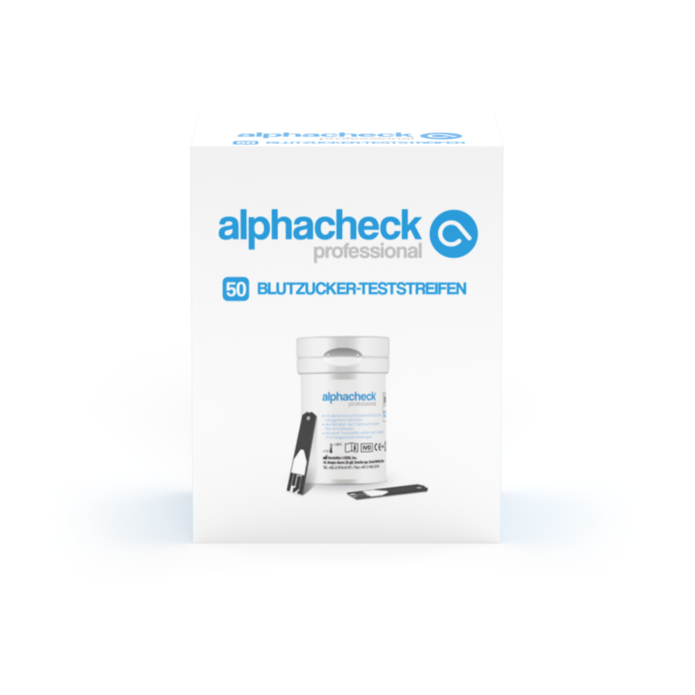 Bilden visar en förpackning Alphacheck professional blodsockerteststickor | Förpackning (50 stycken) från Berger Med GmbH. På framsidan av förpackningen finns en behållare med teststickor och en enskild teststicka avbildad. Förpackningen innehåller en tysk text, inklusive meningen "Blodsocker-teststickor" och siffran 50, idealisk för diabetesövervakning.