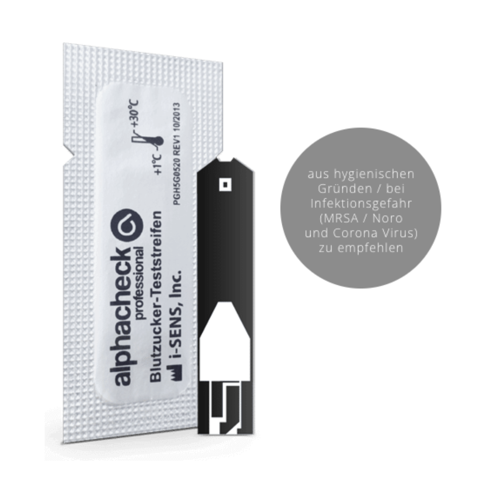 En blodsockertestremsa med texten "Alphacheck professional Blodsockertestremsor, blisterförpackade | Förpackning (50 stycken)" från Berger Med GmbH visas. Blodsockertestremsan är delvis i en skyddande vit förpackning med tysk text, som rekommenderar dess användning av hygieniska skäl och för att minska infektionsrisken (MRSA, Noro och Coronavirus).