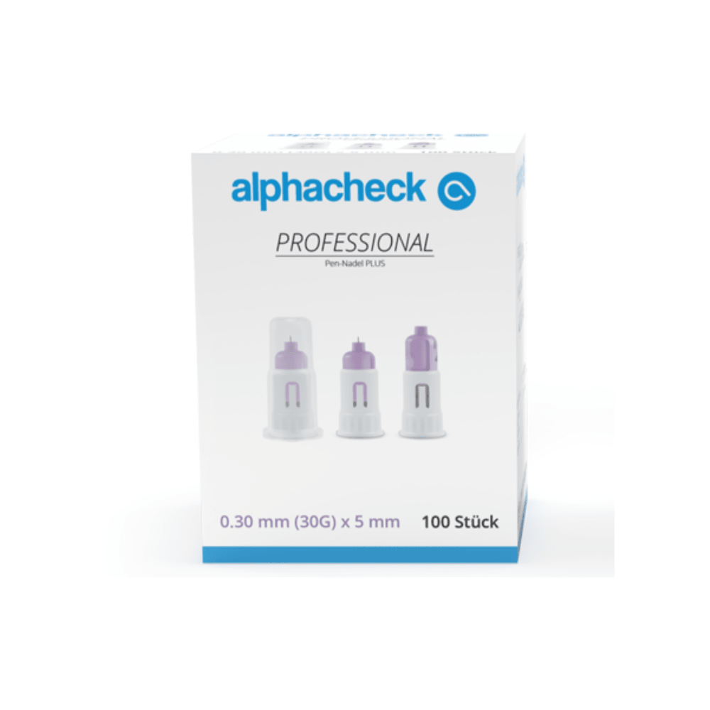 En förpackning med Alphacheck Professional Pen-nålar PLUS, olika storlekar, för insulininjektioner. Förpackningen visar en bild av de sterila nålarna och anger storleken: 0,30 mm (30G) x 5 mm. Den innehåller 100 stycken från Berger Med GmbH.