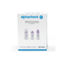 En förpackning med Alphacheck Professional Pen-nålar PLUS, olika storlekar, för insulininjektioner. Förpackningen visar en bild av de sterila nålarna och anger storleken: 0,30 mm (30G) x 5 mm. Den innehåller 100 stycken från Berger Med GmbH.