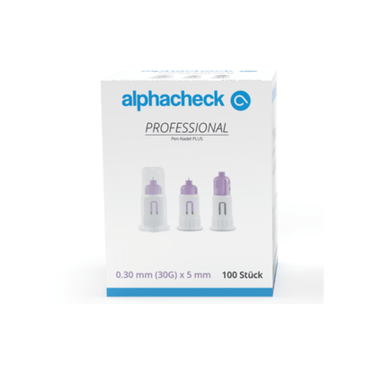 En förpackning med Alphacheck Professional Pen-nålar PLUS, olika storlekar, för insulininjektioner. Förpackningen visar en bild av de sterila nålarna och anger storleken: 0,30 mm (30G) x 5 mm. Den innehåller 100 stycken från Berger Med GmbH.