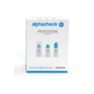 En förpackning med Alphacheck Professional Pen-nålar PLUS, olika storlekar. Den vita förpackningen med blå detaljer innehåller 100 stycken sterila nålar, 0,30 mm (30G) x 8 mm, avsedda för insulininjektioner. På framsidan finns bilder på tre pen-nålar med text i blått och svart från Berger Med GmbH.