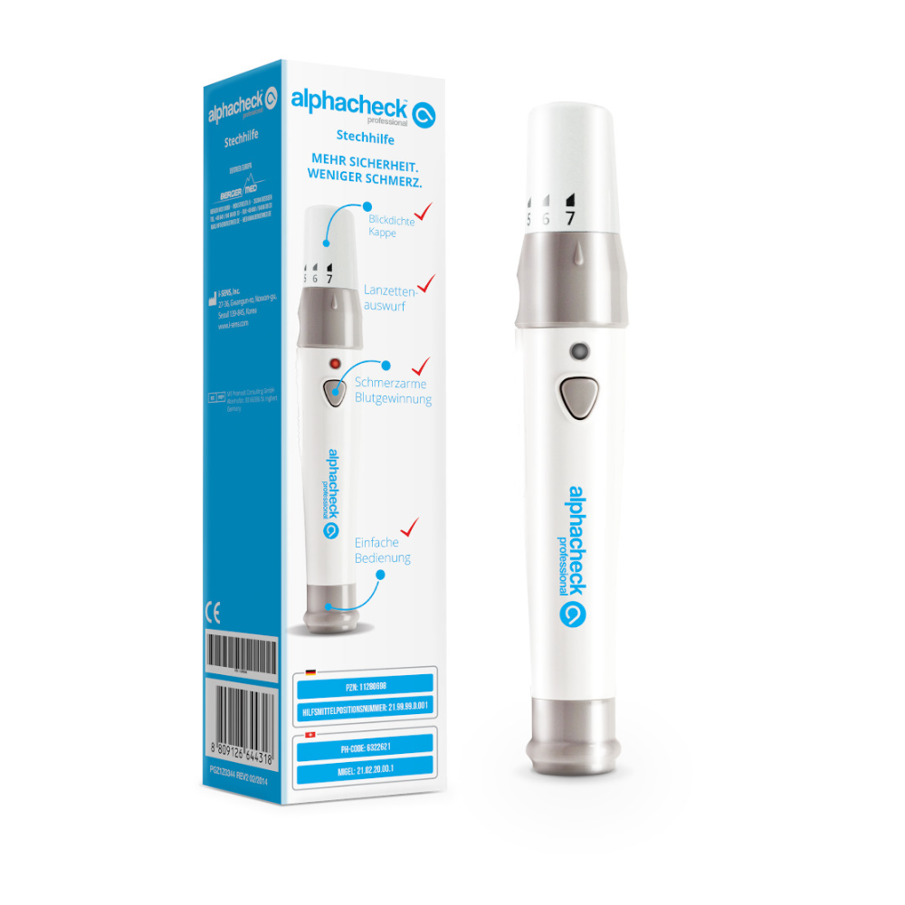 Bilden visar en Alphacheck professional stickhjälp | Förpackning (1 styck) och dess förpackning för blodsockermätning. Stickhjälpen är vit med silverdetaljer och har en knapp och ett inställningshjul. Förpackningen visar en bild av enheten, varumärket "Berger Med GmbH" och de viktigaste funktionerna på tyska, vilket betonar användarkomfort och säkerhet.