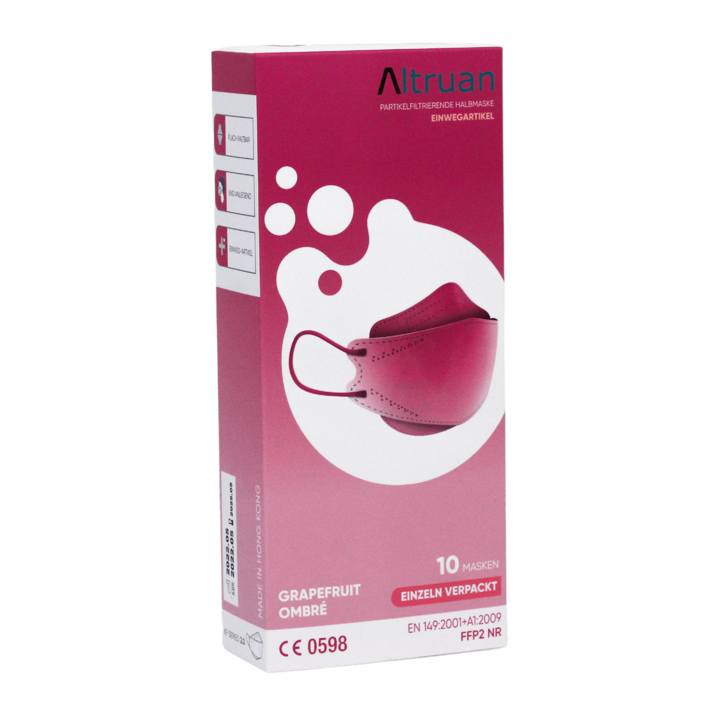Bilden visar en låda med Altruan designermasker partikelfiltrerande med en grapefrukt-ombré-design. Den övervägande rosa-vita förpackningen visar en grafik av maskerna på framsidan och anger att lådan innehåller 10 individuellt förpackade FFP2 NR-masker som uppfyller FFP2-standarden.