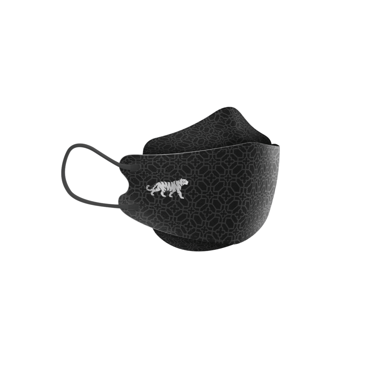 Den Altruan designermasken partikelfiltrerande (FFP2-standard) i svart imponerar med ett enkelt geometriskt mönster med en broderad vit tiger på sidan. Denna mask erbjuder öronöglor och en ergonomisk passform för ökad komfort och finns i en förpackning med 10 masker.