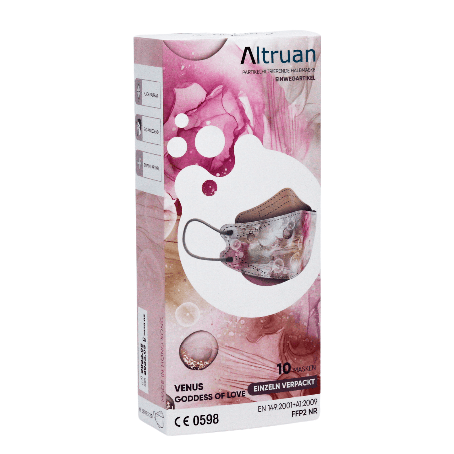 En förpackning med Altruan designermasker partikelfiltrerande (FFP2-standard) i designen 'Venus Goddess of Love' erbjuder effektivt skydd. Förpackningen är övervägande rosa med abstrakta illustrationer och uppfyller FFP2-standarden. Inuti finns 10 masker, varav en visar ett modernt blommönster.