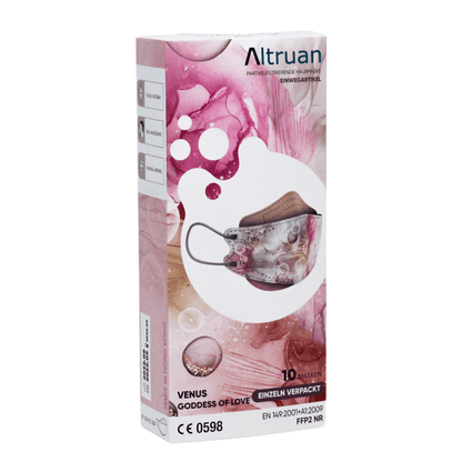 En förpackning med Altruan designermasker partikelfiltrerande (FFP2-standard) i designen 'Venus Goddess of Love' erbjuder effektivt skydd. Förpackningen är övervägande rosa med abstrakta illustrationer och uppfyller FFP2-standarden. Inuti finns 10 masker, varav en visar ett modernt blommönster.