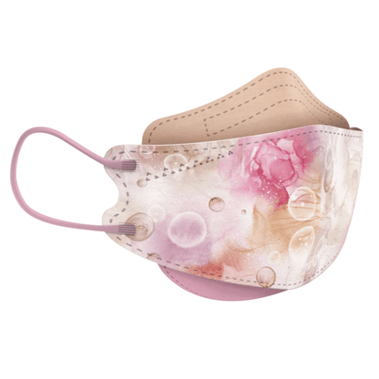 Den partikelfiltrerande designermasken från Altruan, som uppfyller FFP2-standarden, har en modemedveten design i pastellfärger med bubblor och abstrakta mönster. Denna mask erbjuder effektivt skydd med bekväma öronöglor och visas på en enkel vit bakgrund för att framhäva dess stilfulla egenskaper.