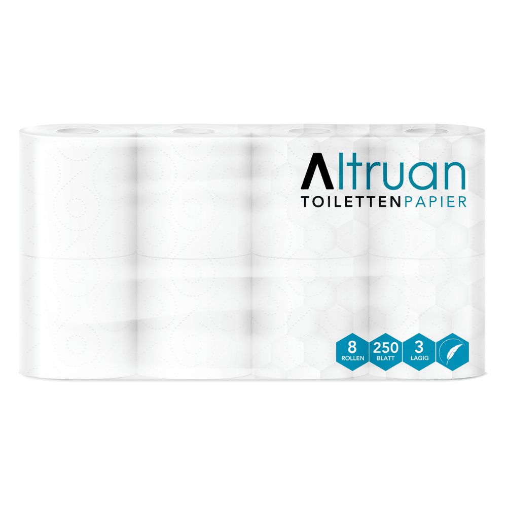 Ett förpackat set med 8 rullar av märket „Altruan toalettpapper“ från Meditrade GmbH. På förpackningen anges att varje rulle består av 250 blad 3-lagers, vitt toalettpapper av 100 % cellulosa.