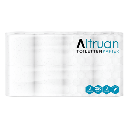 Ett förpackat set med 8 rullar av märket „Altruan toalettpapper“ från Meditrade GmbH. På förpackningen anges att varje rulle består av 250 blad 3-lagers, vitt toalettpapper av 100 % cellulosa.