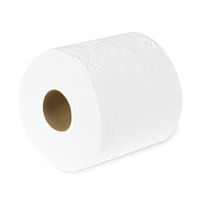 Avbildad är en enskild rulle Altruan toalettpapper, 3-lagers, vit från Meditrade GmbH. På papperet på rullen är ett mönster präglat och den inre pappkärnan är synlig.