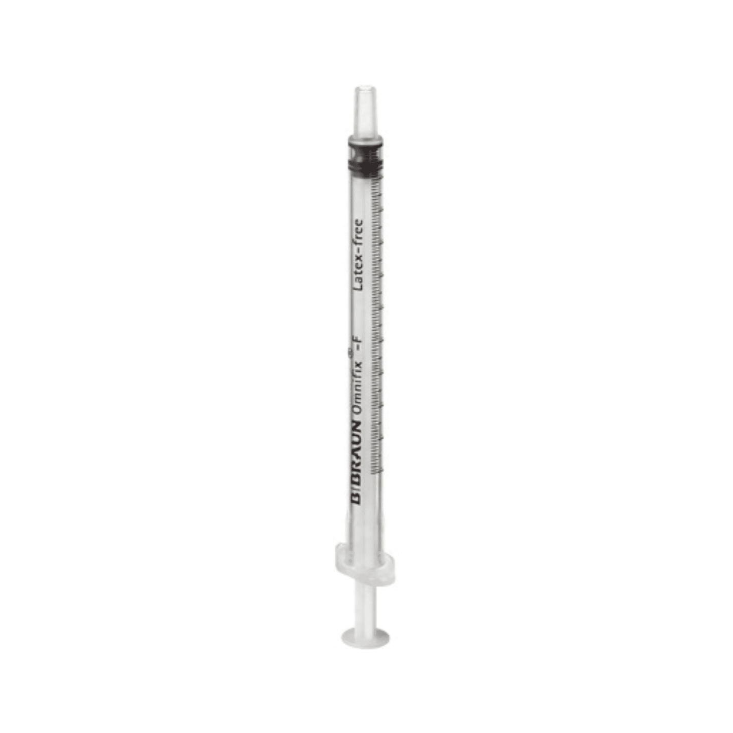 En enda, transparent B. Braun Omnifix®-F finjusteringsspruta med svart gummipropp och mätningsmarkeringar på sidan. Sprutcylindern av polypropen står upprätt mot en vit bakgrund.