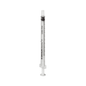 En enda, transparent B. Braun Omnifix®-F finjusteringsspruta med svart gummipropp och mätningsmarkeringar på sidan. Sprutcylindern av polypropen står upprätt mot en vit bakgrund.