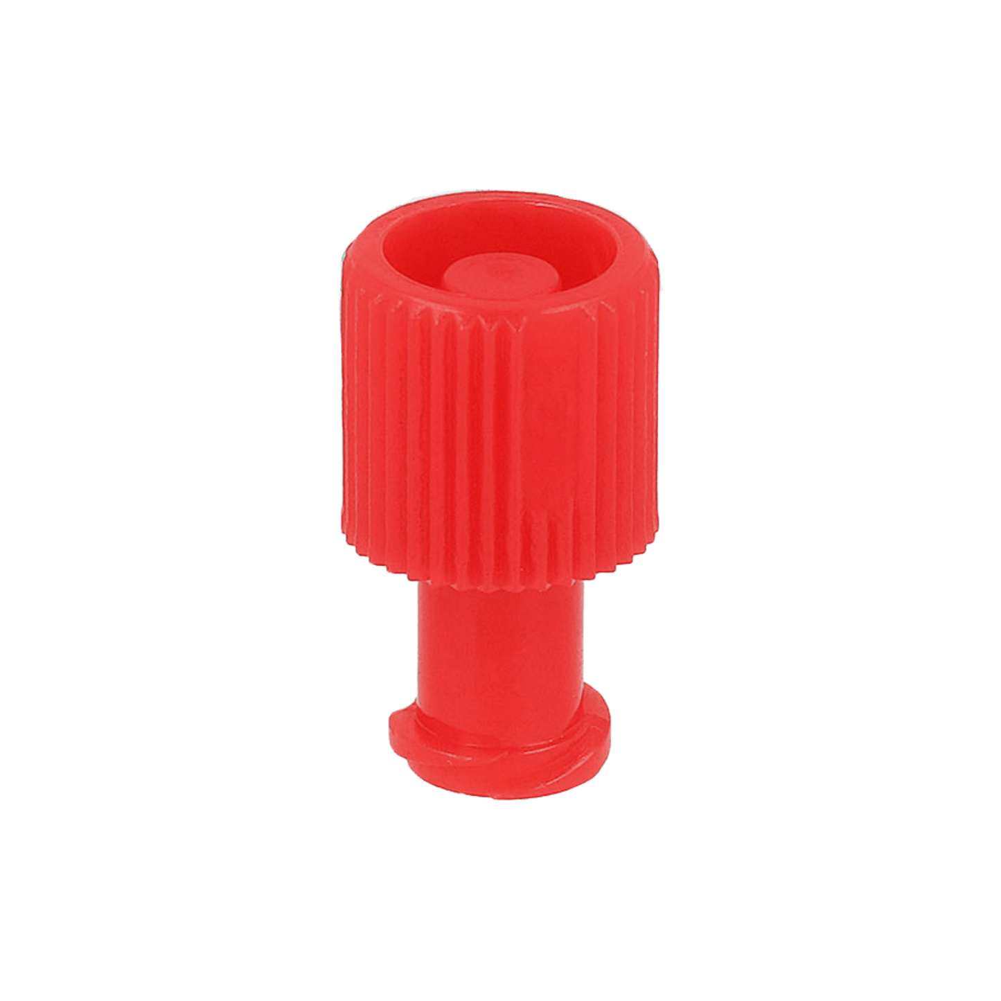 Den B. Braun Combi-Stopper-förslutningskonen i rött från B. Braun Deutschland GmbH & Co. KG har en räfflad, cylindrisk design med bredare bas och försänkt ovansida, idealisk för sterila förslutningar. Förpackningen innehåller 100 stycken, isolerade på vit bakgrund.