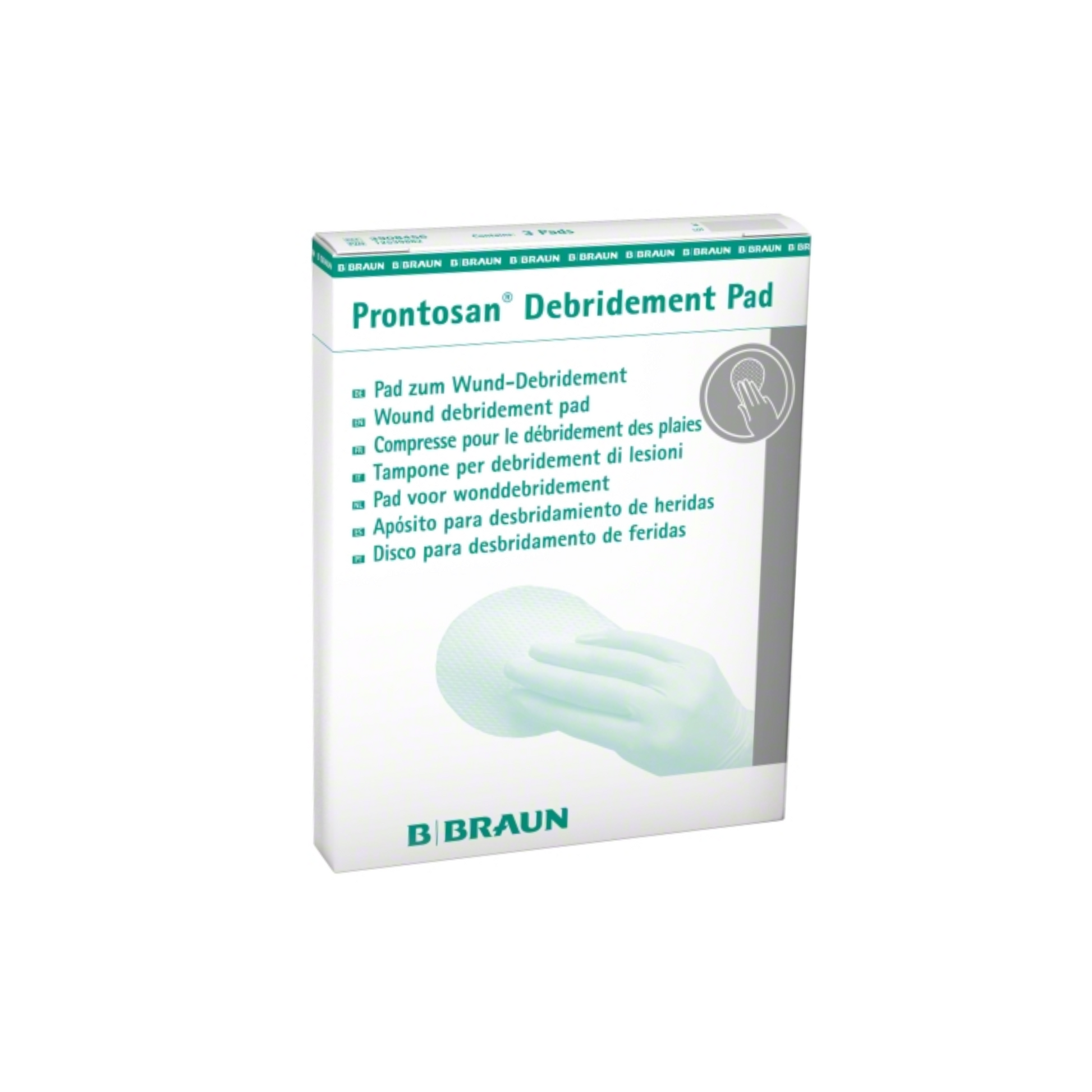 Eine Abbildung des B. Braun Debridement Pads, 3er Pack| Packung (3 Stück) von B. Braun Deutschland GmbH & Co. KG zeigt eine weiße Schachtel mit grünem und grauem Text, mehrsprachigen Etiketten und einer Abbildung einer Hand, die das Pad zum Wunddebridement verwendet, wodurch die wirksame Mikrofaserseite hervorgehoben wird.