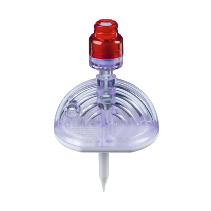 B.Braun Mini-Spike® 2 Chemo uttags- och injektionsspike, tillverkad av B. Braun Deutschland GmbH & Co. KG, har en transparent, välvd plastdesign med en iögonfallande röd spets och en framträdande vit bas. Dess cirkulärt mönstrade kupol kompletterar den ihåliga mittkolonnen, som enkelt kan anslutas till den röda spetsen som innehåller en integrerad Safeflow-ventil för ökad säkerhet.