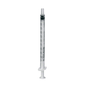 En transparent B.Braun Omnifix® 100 Solo engångsinsulinspruta för U-100-insulin, utformad för subkutan insulininjektion, med en svart kolvlock och mätningslinjer på sidan samt texten "BBRAUN", står upprätt mot en enkel vit bakgrund.