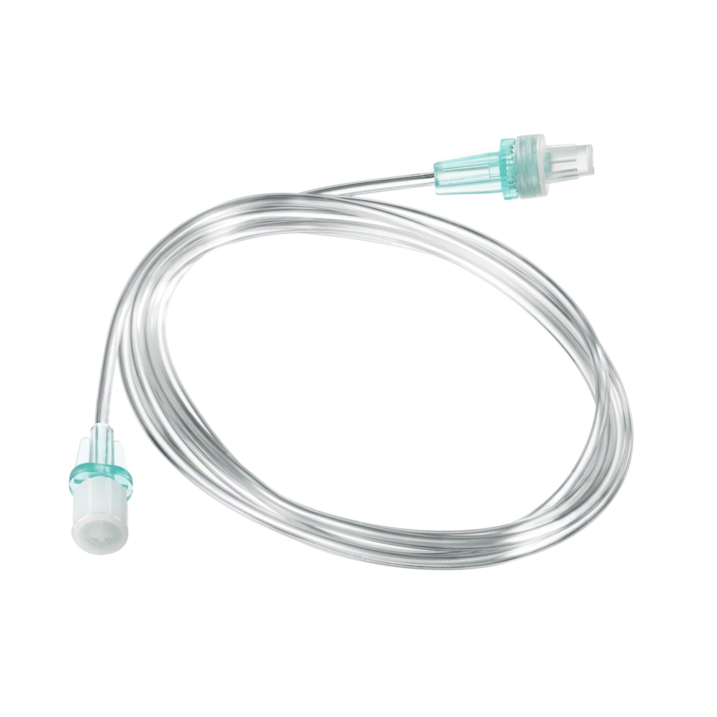 Den 200 cm långa B. Braun Original Perfusor® ledningen Typ Standard är snyggt arrangerad i en slinga på den vita ytan nedan och har en transparent medicinsk slang med blå anslutningar i varje ände. Den används troligen för infusionsterapi eller vätsketransfer och kommer från B. Braun Deutschland GmbH & Co. KG.