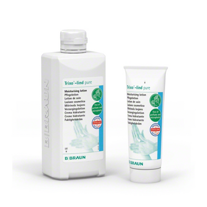 Das Bild zeigt zwei Behälter B. Braun Trixo®-lind pure Pflegelotion, ein Produkt der B. Braun Deutschland GmbH & Co. KG. Links ist eine große Flasche mit Schraubverschluss und rechts eine kleinere Tube mit Klappverschluss zu sehen. Beide sind für empfindliche Haut geeignet und verfügen über eine Kennzeichnung mit blau-grünem Text, die darauf hinweist, dass die Lotion parfümfrei ist.