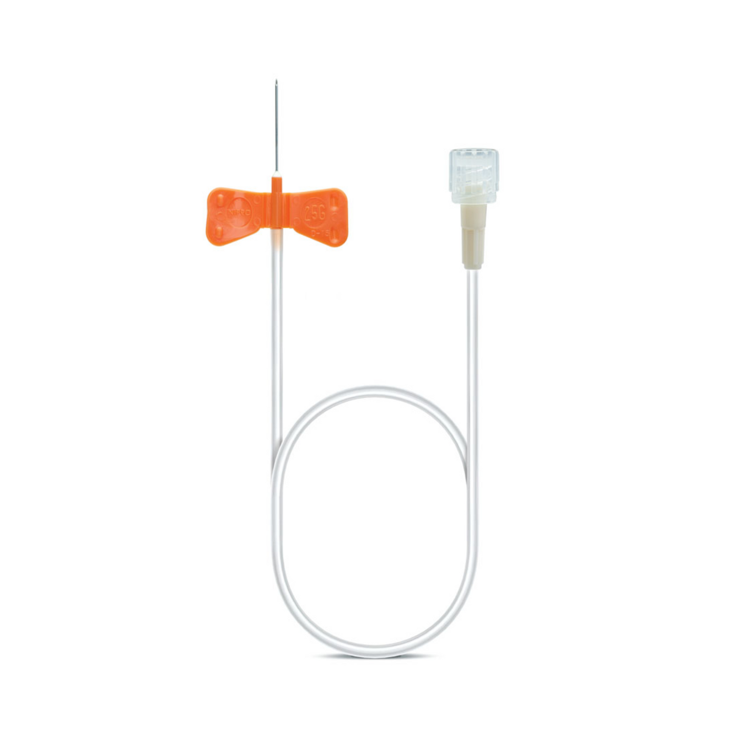 B. Braun Venofix® A venpunkteringsset från B. Braun Deutschland GmbH & Co. KG har ett orange vinghandtag av krom-nickelstål, fäst vid en tunn, flexibel slang och en transparent anslutning för en effektiv intravenös åtkomst. Enheten visas mot en enkel vit bakgrund.
