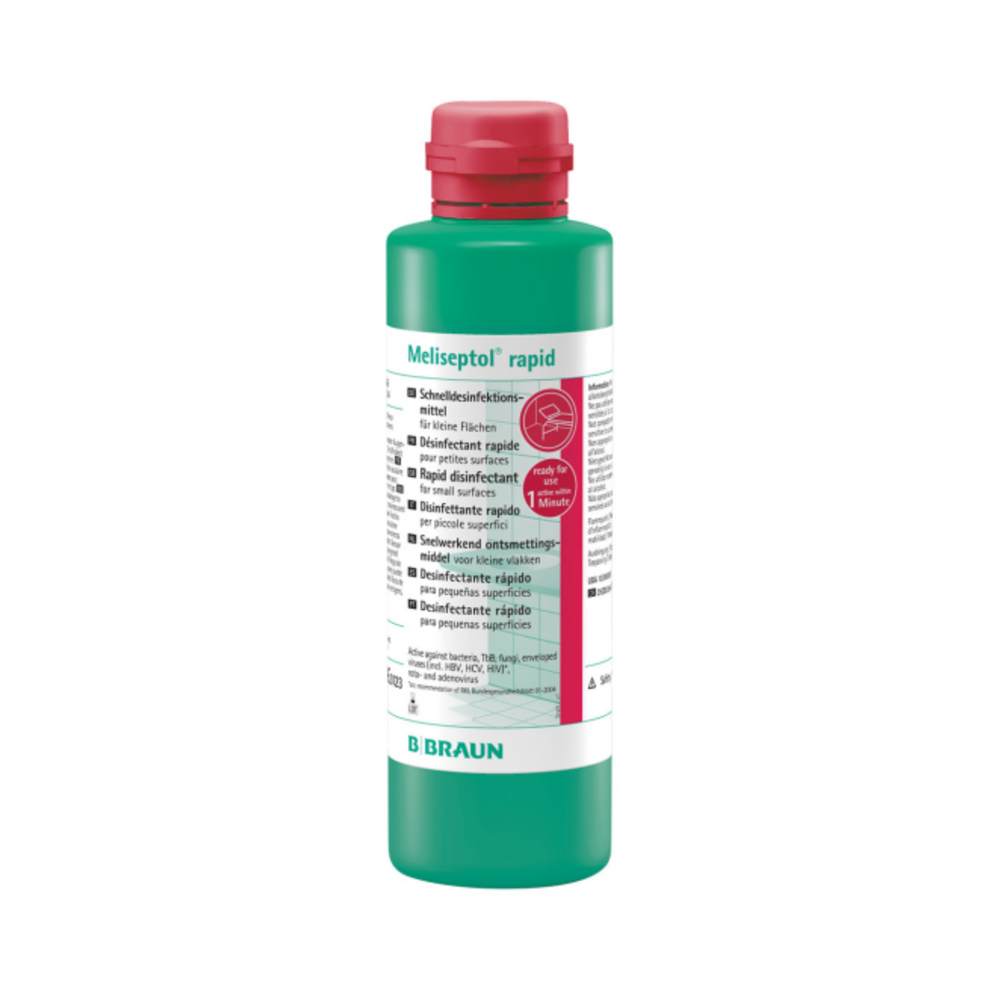 Grüne Flasche B. Braun Meliseptol® rapid Schnelldesinfektion mit rotem Verschluss. Das Etikett enthält Text in mehreren Sprachen und weist ein zentrales, rundes rotes Logo auf, das die Wirksamkeit zur Oberflächenreinigung hervorhebt. Der Markenname B. Braun Deutschland GmbH & Co. KG ist elegant in blauen Buchstaben am unteren Rand dargestellt.