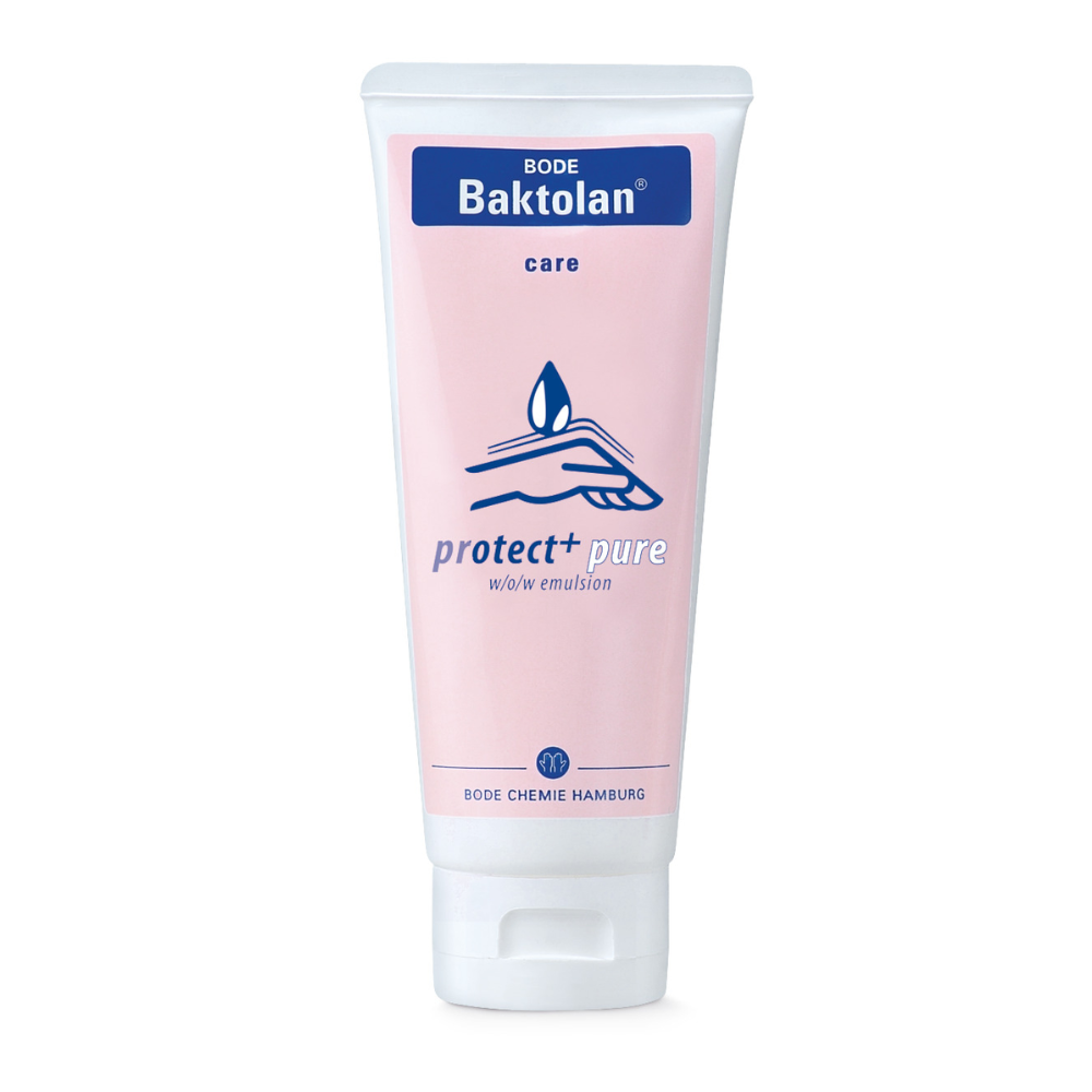 Ett rör BODE Baktolan® protect+ pure creme från Paul Hartmann AG med rosa etikett och blå text, försett med varumärkeslogotypen och beteckningen "regenererande vård wo/w emulsion" från B.