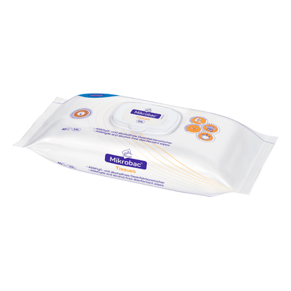 Förpackning BODE Mikrobac® Tissues ytdesinfektionsservetter i vit plastförpackning med blå-orange design och återförslutbart lock. Innehåll: 40 servetter från Paul Hartmann AG
