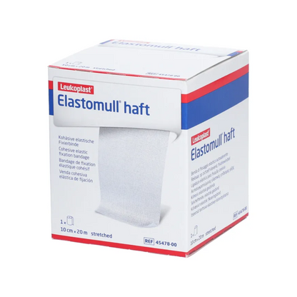 En låda BSN Elastomull® haft, ett elastiskt fixeringsband från BSN Medical GmbH. Lådan är övervägande vit med blå och röda accenter och visar produktdetaljer och specifikationer på framsidan.