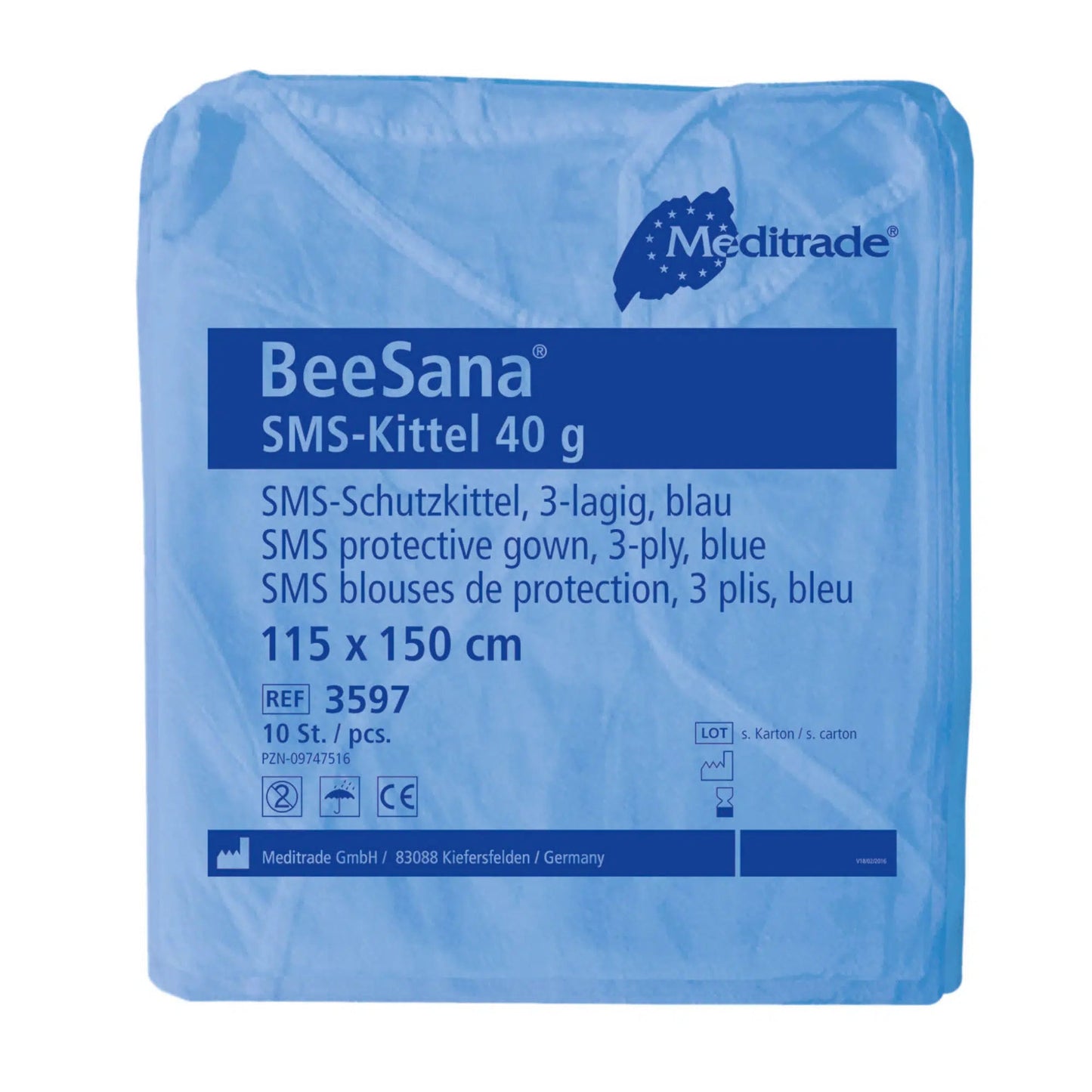 Ett förseglat paket Meditrade BeeSana® SMS-rock 40g, 3-lager, från Meditrade GmbH, med 10 stycken. Förpackningen innehåller produktdetaljer och certifieringslogotyper.
