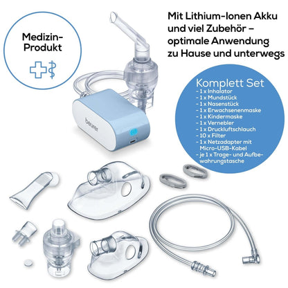 Bilden visar Beurer GmbH utgångsartikel: Beurer liten inhalator IH 60 med tillbehör - vuxen-/barnmasker, munstycke, näsadapter, filter och laddningskabel. Tysk text framhäver kompressorluftteknologi för andningssjukdomar.