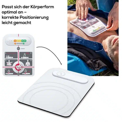 Eine Nahaufnahme zeigt eine Person, die im Freien liegt, während jemand einen innotas Auslaufartikel anlegt: Beurer LifePad® Reanimationshilfe (1 Stück) auf die Brust. Das Bild zeigt auch ein Diagramm zur korrekten Platzierung des Pads.